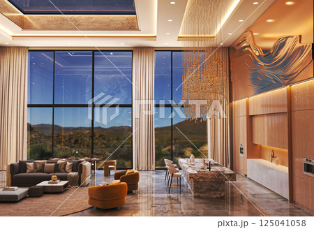 Open plan luxury interior with marble kitchen and scenic view Open plan luxury interior with marble kitchen and scenic view 125041058
