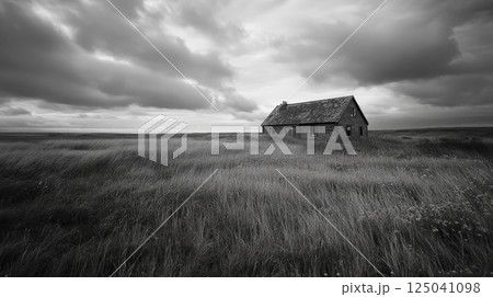 A peaceful landscape showcasing the unique beauty of a Hallig , one of the small, low lying islands off the coast of Germanys North Sea. Generative AI 125041098