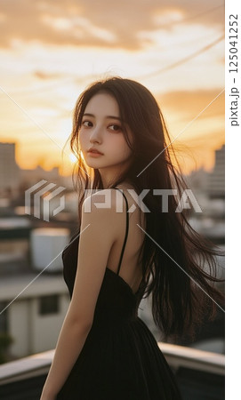 夕焼けに染まる女性のポートレート 125041252