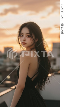 夕焼けに染まる女性のポートレート 125041253