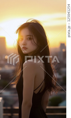 夕焼けに染まる女性のポートレート 125041254