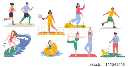Summer activity. People walking, running in park, swimming and surfing in sea or ocean. Happy adults and children, outside splendid vector scenes 125041406