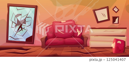 Dirty room. Damaged soft and wooden furniture, sofa with damaged upholstery, broken mirror and paintings. House after earthquake nowaday vector scene 125041407