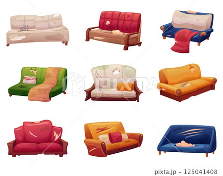 Broken sofa. Messy damages couches, old furniture with damage mattress and springs outward. Couch with dirty pillow and plaid, nowaday vector set Broken sofa. Messy damages couches, old furniture with damage mattress and springs outward. Couch with dirty pillow and plaid, nowaday vector set 125041408