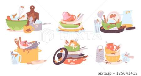 Dirty dishes. Piles of plates pan cups and pots. Messy kitchen utensils and crockery, unwashed empty dish and kitchenware. Household racy vector set Dirty dishes. Piles of plates pan cups and pots. Messy kitchen utensils and crockery, unwashed empty dish and kitchenware. Household racy vector set 125041415