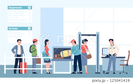 Airport security check. Passengers queue with bags and luggage to x-ray claim. People on checkpoint on railway or bus station terminal, recent vector scene 125041419