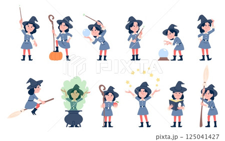 Girl witch character. Kid in halloween costume with hat. Little witch learning magical with magic wand, practices spells, brews potion, recent vector set 125041427