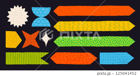 Paper note stickers in various shapes and styles on black background. 125041452