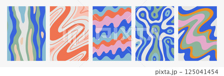 Abstract psychedelic pattern set. Groovy backgrounds with liquid paint patterns. Trendy wavy vector textures in abstract y2k style. Vector graphic for posters and art prints. 125041454