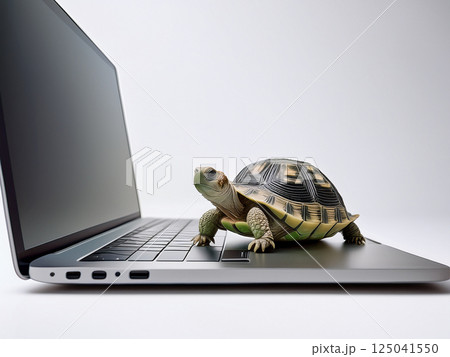 白背景に開いているノートパソコンとカメ 125041550