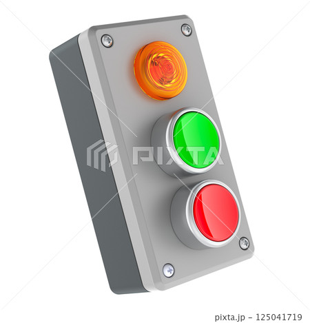Push button station switch with green start and red stop buttons. 3D rendering Push button station switch with green start and red stop buttons. 3D rendering 125041719