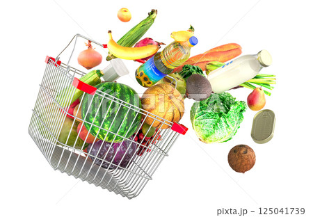 Shopping basket with food products flying out of it. 3D rendering 125041739
