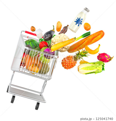Food products flying out of shopping cart. 3D rendering Food products flying out of shopping cart. 3D rendering 125041740