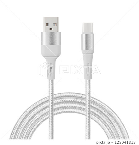 white cable for charging and synchronization with Type - C and USB connectors on a white isolated background white cable for charging and synchronization with Type - C and USB connectors on a white isolated background 125041815