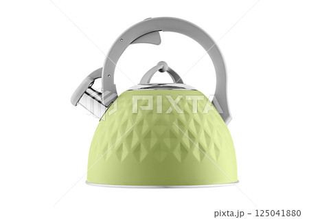 kettle with whistle, matte Yellow color, with rhombus texture on isolated and white background 125041880