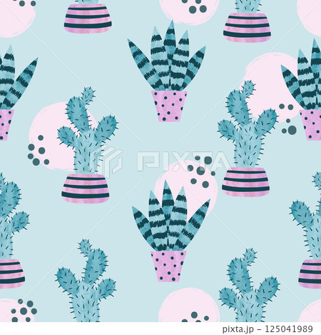 Seamless watercolor plants in pots pattern. Cute cactus vector print 125041989