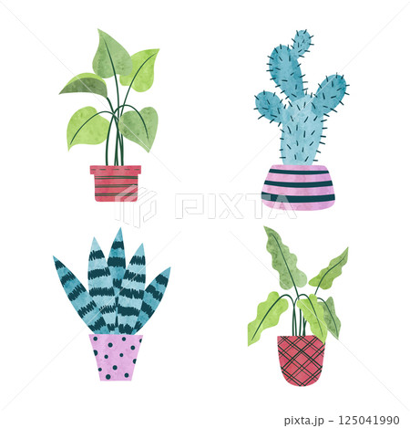 Set of watercolor plants in pots isolated on white 125041990