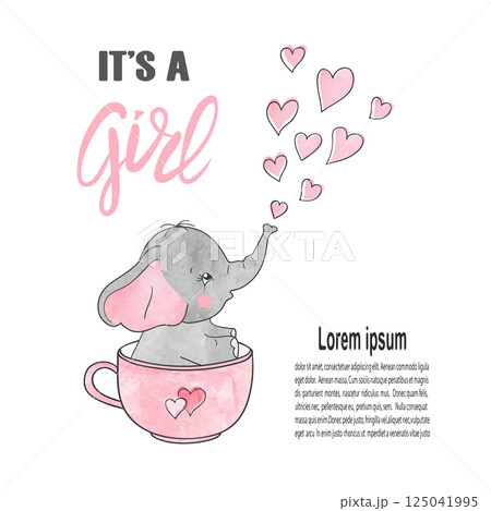 Baby shower girl poster with cute elephant. Newborn announcement card vector illustration Baby shower girl poster with cute elephant. Newborn announcement card vector illustration 125041995