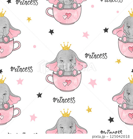 Seamless cute elephant princess pattern. Baby print, kids textile design 125042018