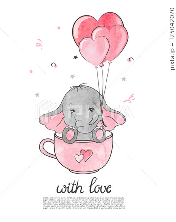 Valentines Day card with cute little elephant and hearts Valentines Day card with cute little elephant and hearts 125042020
