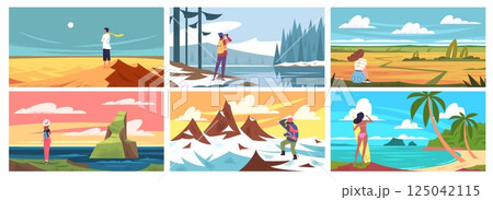 Travelers enjoying nature landscape. Man woman enjoy views outdoor landscapes, tourist explore mountain journey adventure travel hiking trip summer rest classy vector illustration 125042115