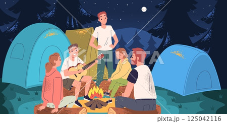 People night camp. Friends with guitar and marshmallow sitting around bonfire, summer picnic tents forest landscape campfire fire light hiking adventure, classy vector illustration 125042116