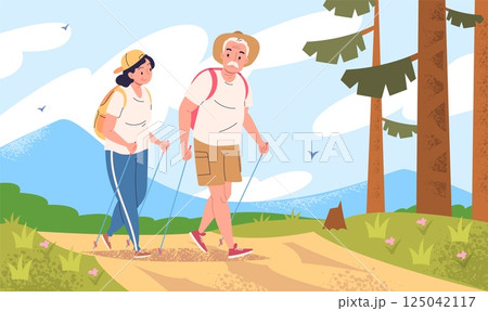 Elderly couple hiking. Senior man woman hike trail walking outdoor, grandmother grandfather active tourism together pensioner aged people sport trekking, classy vector illustration Elderly couple hiking. Senior man woman hike trail walking outdoor, grandmother grandfather active tourism together pensioner aged people sport trekking, classy vector illustration 125042117