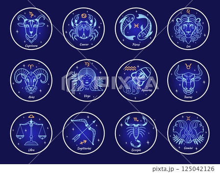 Zodiac signs constellations. Astrology calendar star logo 12 line icons, divination symbol aries gemini taurus leo capricorn aquarius cancer pisces scorpio neat vector illustration 125042126