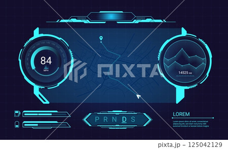 Car dashboard screen. Future vehicle hud digital display, game futuristic interface virtual cockpit control panel speedometer hologram frame with map navigation vector illustration Car dashboard screen. Future vehicle hud digital display, game futuristic interface virtual cockpit control panel speedometer hologram frame with map navigation vector illustration 125042129