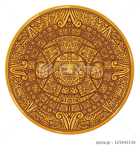Mayan calendar. Maya civilization sun calendarium, aztec solar calendar inca round stone apocalypse 2012 astronomy mexican culture tribal symbol totem, swanky vector illustration 125042130