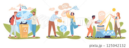 People reduce co2. Reduction dioxide gas emission neutral carbon footprint concept, save eco environment impact of greenhouse pollution, green energy set classy vector illustration 125042132