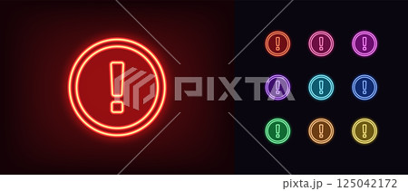 Outline neon exclamation sign set. Glowing neon warning icon with exclamation mark, round caution sign. Risk attention icon, error caution, alarm, important message, danger alert sign. Vector icons 125042172
