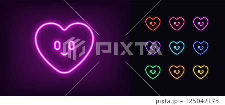 Outline neon cute heart icon. Glowing neon heart icon with smile and eyes, cute love emoji. Romantic baby heart emoticon, cartoon funny love, happy romance, amour smile. Vector icon set Outline neon cute heart icon. Glowing neon heart icon with smile and eyes, cute love emoji. Romantic baby heart emoticon, cartoon funny love, happy romance, amour smile. Vector icon set 125042173