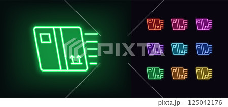 Outline neon box delivery icon. Glowing neon cargo delivery icon, express box shipment. Fast delivery service, express courier, fast order shipping, cargo logistic, urgent parcel send. Vector icon set 125042176