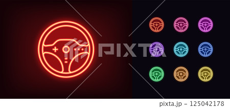 Outline neon steering wheel icon. Glowing neon race steering wheel icon, racing game simulator. Video game controller, car steering wheel, race arcade, drive simulator, gaming station. Vector icon set Outline neon steering wheel icon. Glowing neon race steering wheel icon, racing game simulator. Video game controller, car steering wheel, race arcade, drive simulator, gaming station. Vector icon set 125042178