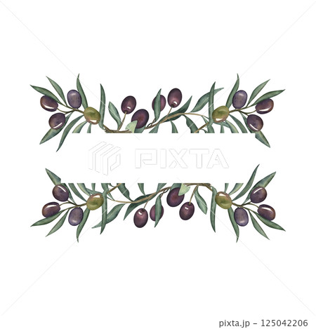 Watercolor illustration of olive branches with green and black fruits and long leaves. Hand-painted botanical frame with space for text. Perfect for Mediterranean, organic, natural, culinary design 125042206