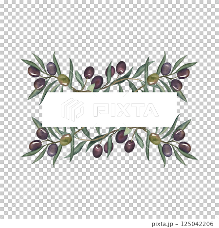 Watercolor illustration of olive branches with green and black fruits and long leaves. Hand-painted botanical frame with space for text. Perfect for Mediterranean, organic, natural, culinary design 125042206