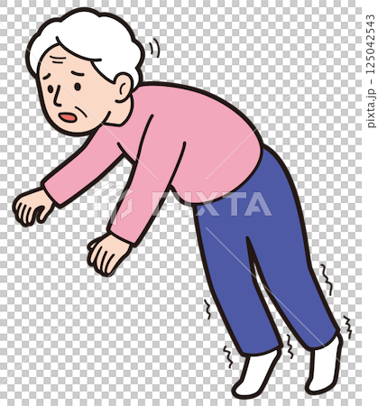すくみ足で足が出ず体勢を崩して転倒しそうになるおばあさんの教材タッチのベクターイラスト 125042543