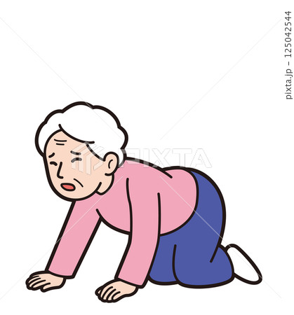 転倒して膝折れして痛そうに四つん這いになったおばあさんの教材タッチのベクターイラスト 転倒して膝折れして痛そうに四つん這いになったおばあさんの教材タッチのベクターイラスト 125042544