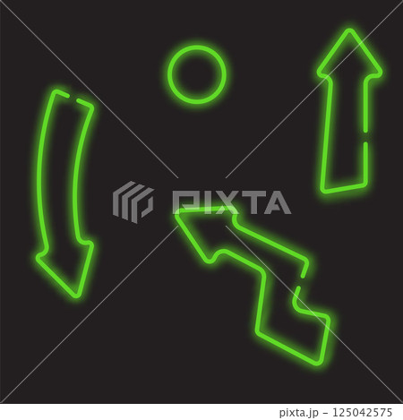 Vector set of green glowing neon arrows on black background. Colored pointers. Bright retro light symbol. Emblem for club or bar. Light arrow banner. Decoration on wall and template covering Vector set of green glowing neon arrows on black background. Colored pointers. Bright retro light symbol. Emblem for club or bar. Light arrow banner. Decoration on wall and template covering 125042575