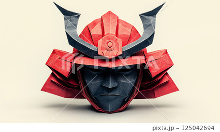 赤と黒で折られた折り紙の兜 125042694