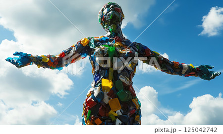 Man face sculpture covered in green grass and plants Man face sculpture covered in green grass and plants 125042742