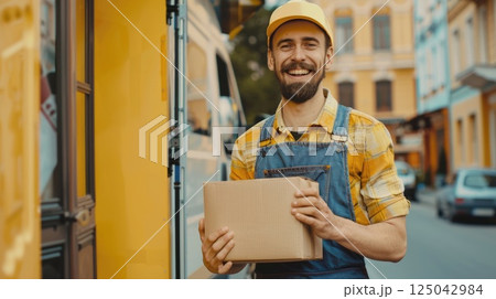 Delivery service employee in workwear carrying parcel, on the background of truck on street, Freight and cargo transportation 125042984