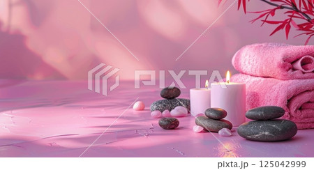horizontal banner, spa treatment set, concept of beauty, cosmetology and body care, pink background, minimalism, copy space, free space for text 125042999