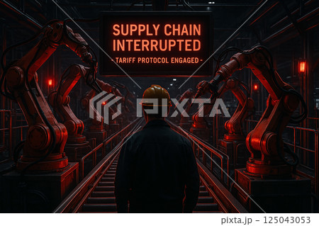 Industrial assembly line shutdown due to trade tariffs, symbolizing global supply chain disruption during commercial conflict between world powers 125043053