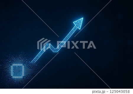 Technology cost increase symbolized by glowing digital arrow rising from a microchip, reflecting global economic tensions and supply chain disruption 125043058
