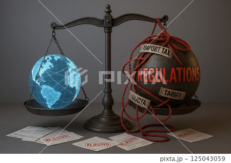 Symbolic economic imbalance with global trade restricted by heavy regulations, import taxes and tariffs during conflicts between industrial world powers 125043059