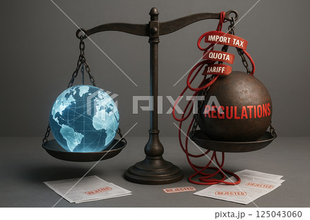 Economic weight of import taxes, tariffs and restrictions shown against global trade freedom, representing commercial tensions and policy imbalance Economic weight of import taxes, tariffs and restrictions shown against global trade freedom, representing commercial tensions and policy imbalance 125043060