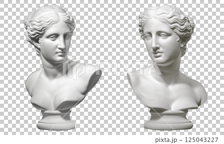 A statue of a womans head is displayed from two unique angles 125043227