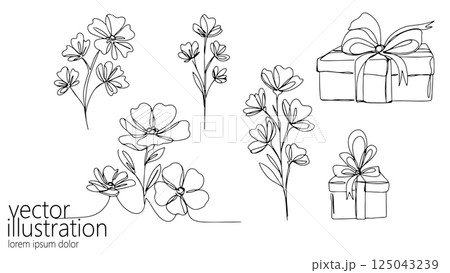 Continuous line drawing flowers gifts. Presents include bows ribbons. Suitable cards invitations packaging design. Minimalist art black outline white background Continuous line drawing flowers gifts. Presents include bows ribbons. Suitable cards invitations packaging design. Minimalist art black outline white background 125043239